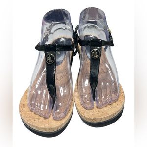 Lauren Ralph Lauren Women's Reeta Sandal Size 9.5 Cork Wedge Thong Strappy Black